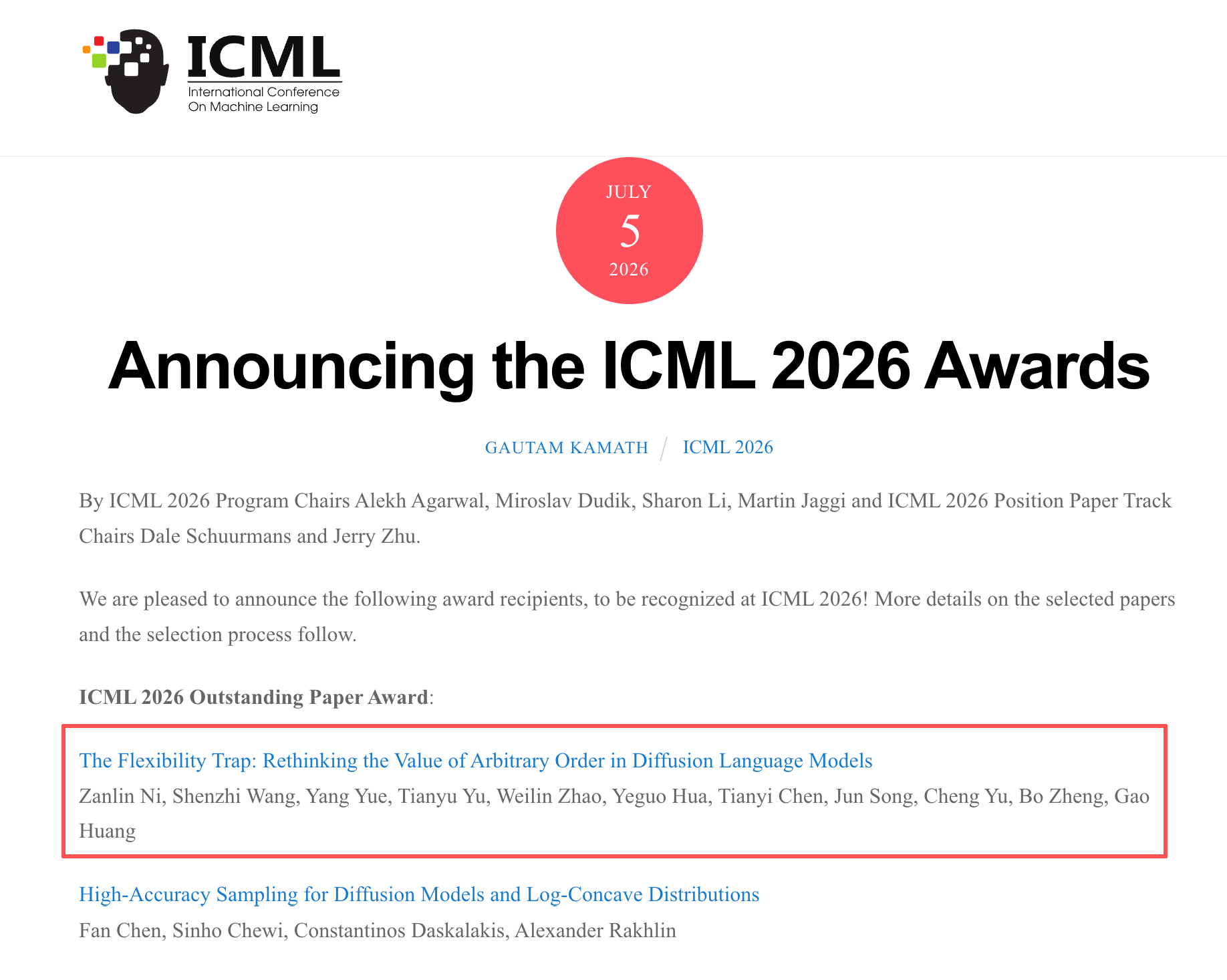 20260706-自动化系黄高团队获国际机器学习会议 ICML 2026 杰出论文奖-自动化系-获奖信息.png